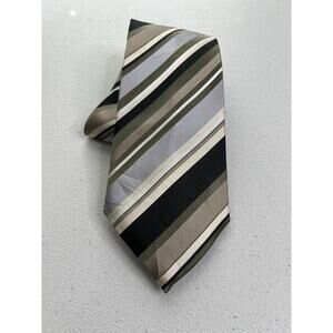 Geoffrey Beene Black, Green, Tan Striped Pattern 100% Silk Handmade Tie NWOT